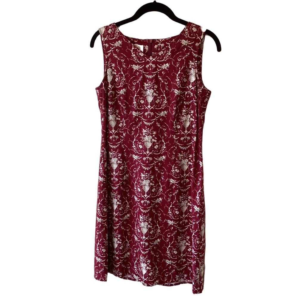 Talbots Petites Burgundy Red White Floral Sleeveless Dress Size 4 Linen Rayon